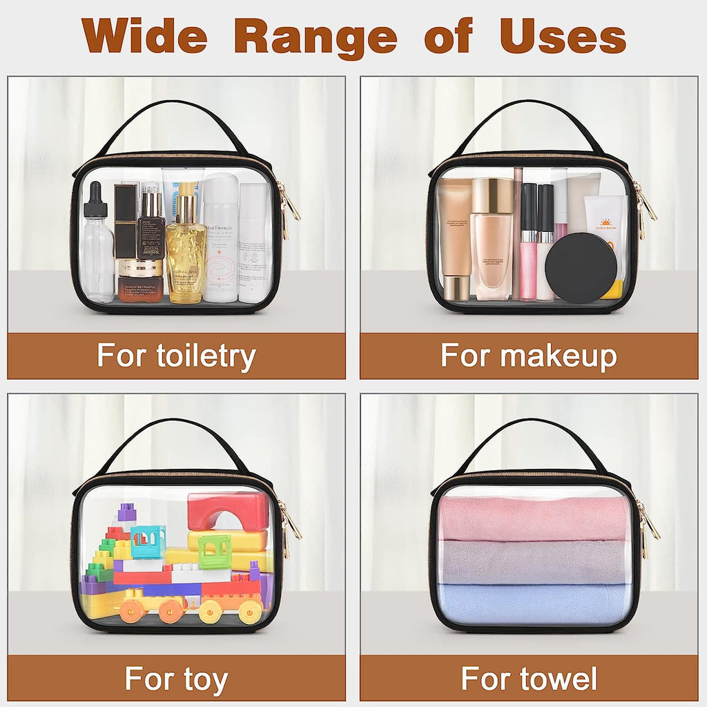 TSA Approved Toiletry Bag, 3 Pack Clear Makeup Bags with Handles, Quart Size Clear Toiletry Bags, PVC Cosmetic Bags for Women and Men, Carry on Airport Airline Compliant Bag, Black