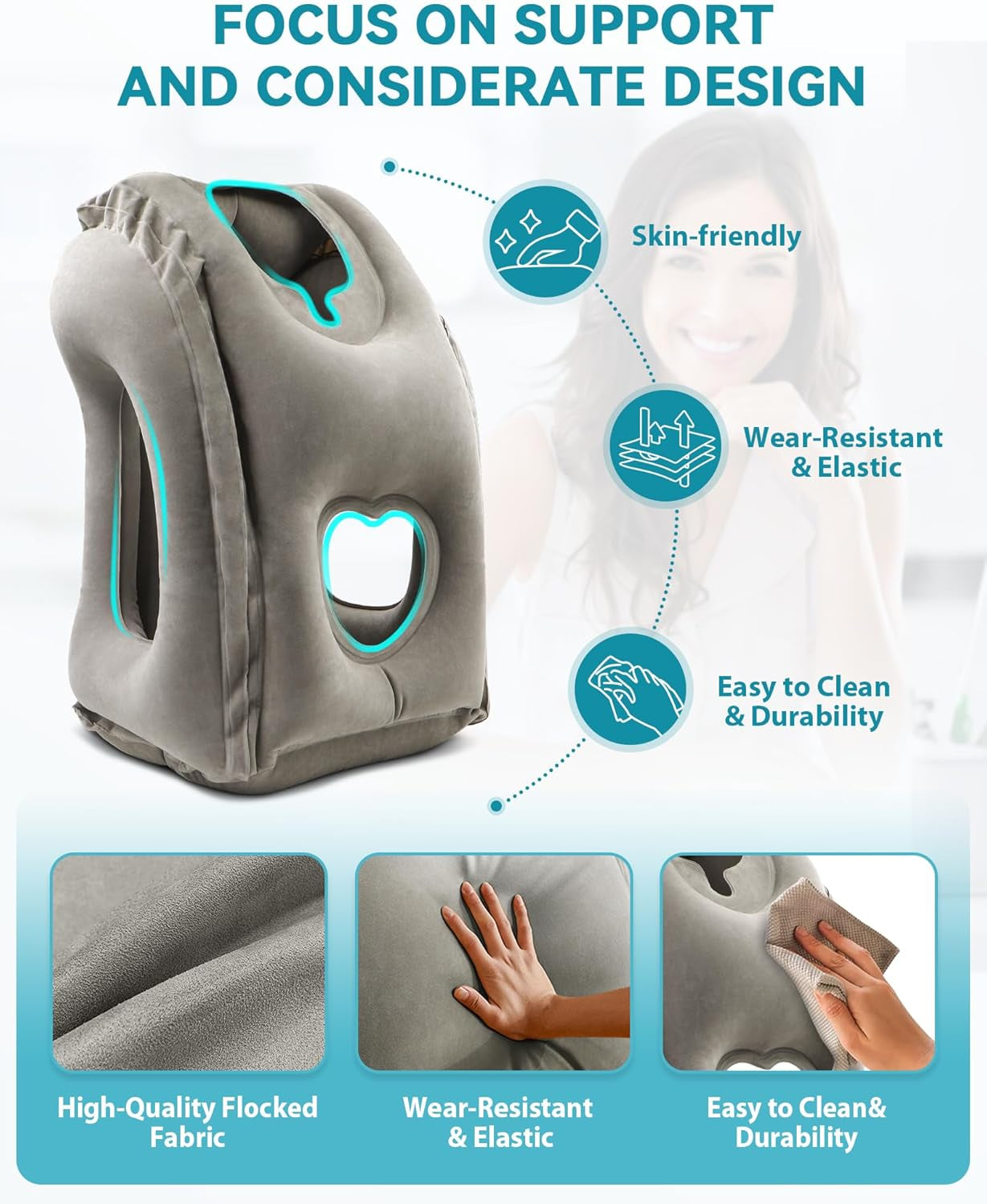Inflatable Travel Pillow, Airplane Neck Pillow Comfortably Supports Head and Chin for Airplanes, Trains, Cars Office Napping on the Tray Table (Grey)