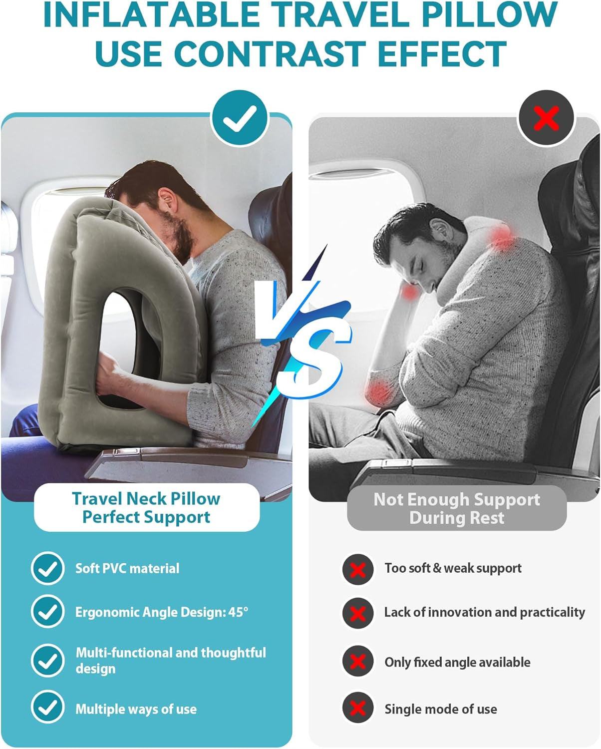 Inflatable Travel Pillow, Airplane Neck Pillow Comfortably Supports Head and Chin for Airplanes, Trains, Cars Office Napping on the Tray Table (Grey)