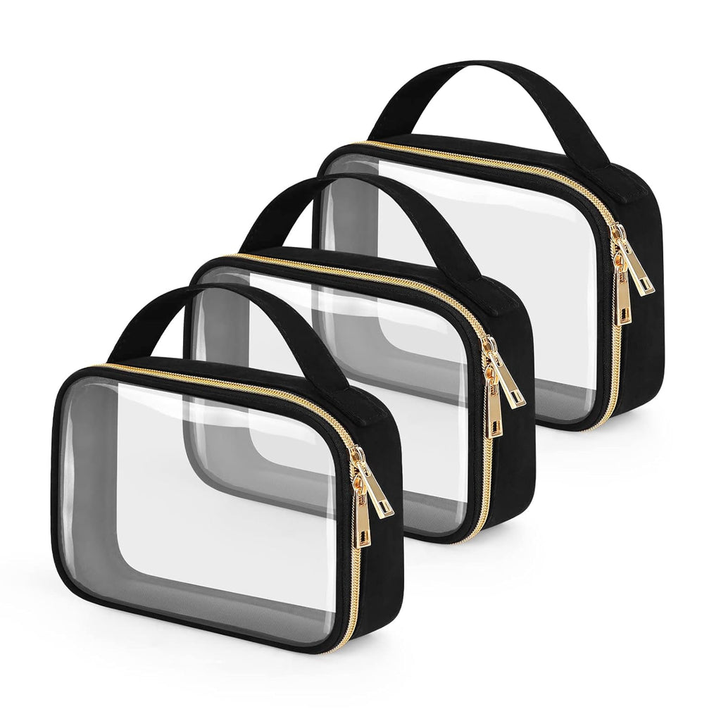 TSA Approved Toiletry Bag, 3 Pack Clear Makeup Bags with Handles, Quart Size Clear Toiletry Bags, PVC Cosmetic Bags for Women and Men, Carry on Airport Airline Compliant Bag, Black