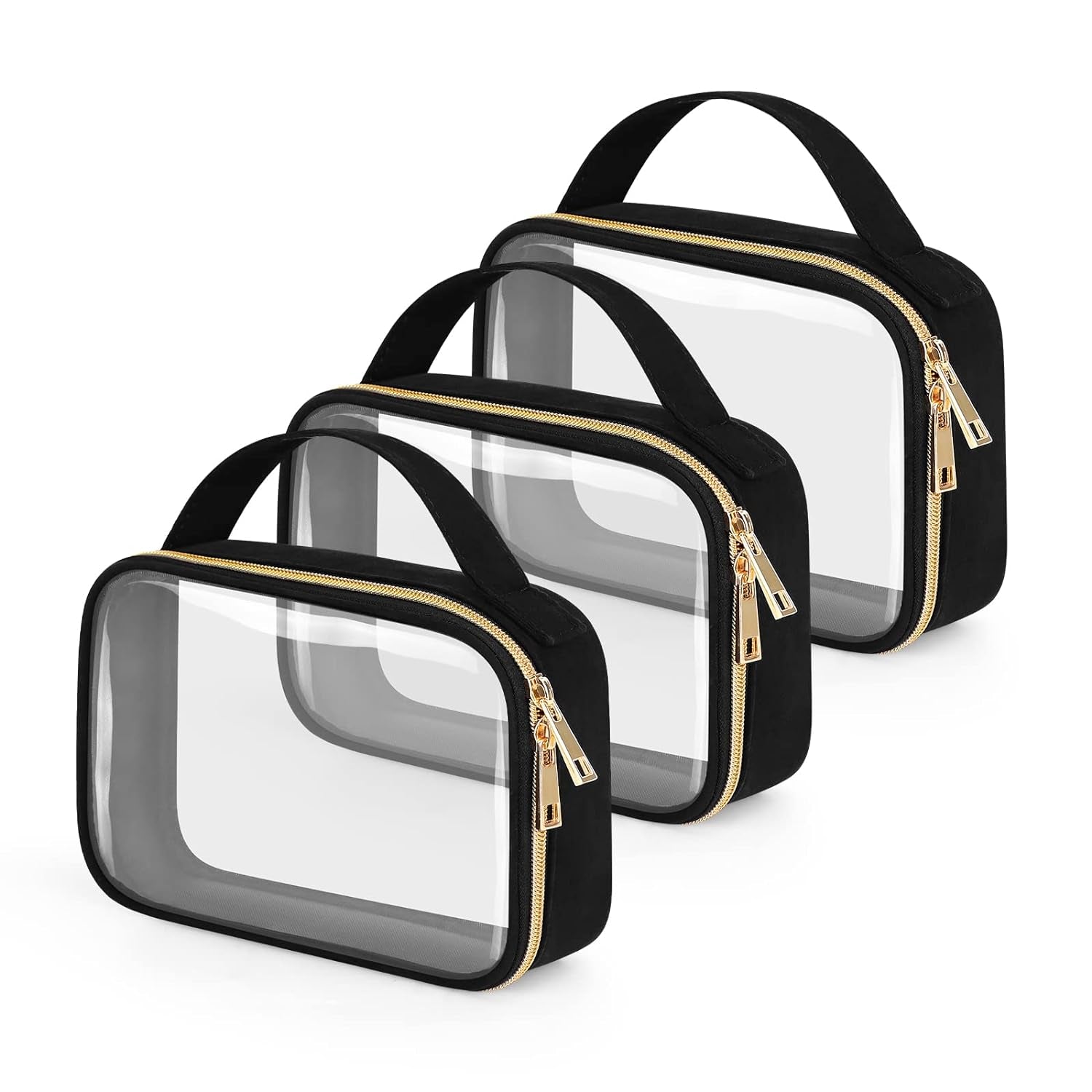 TSA Approved Toiletry Bag, 3 Pack Clear Makeup Bags with Handles, Quart Size Clear Toiletry Bags, PVC Cosmetic Bags for Women and Men, Carry on Airport Airline Compliant Bag, Black