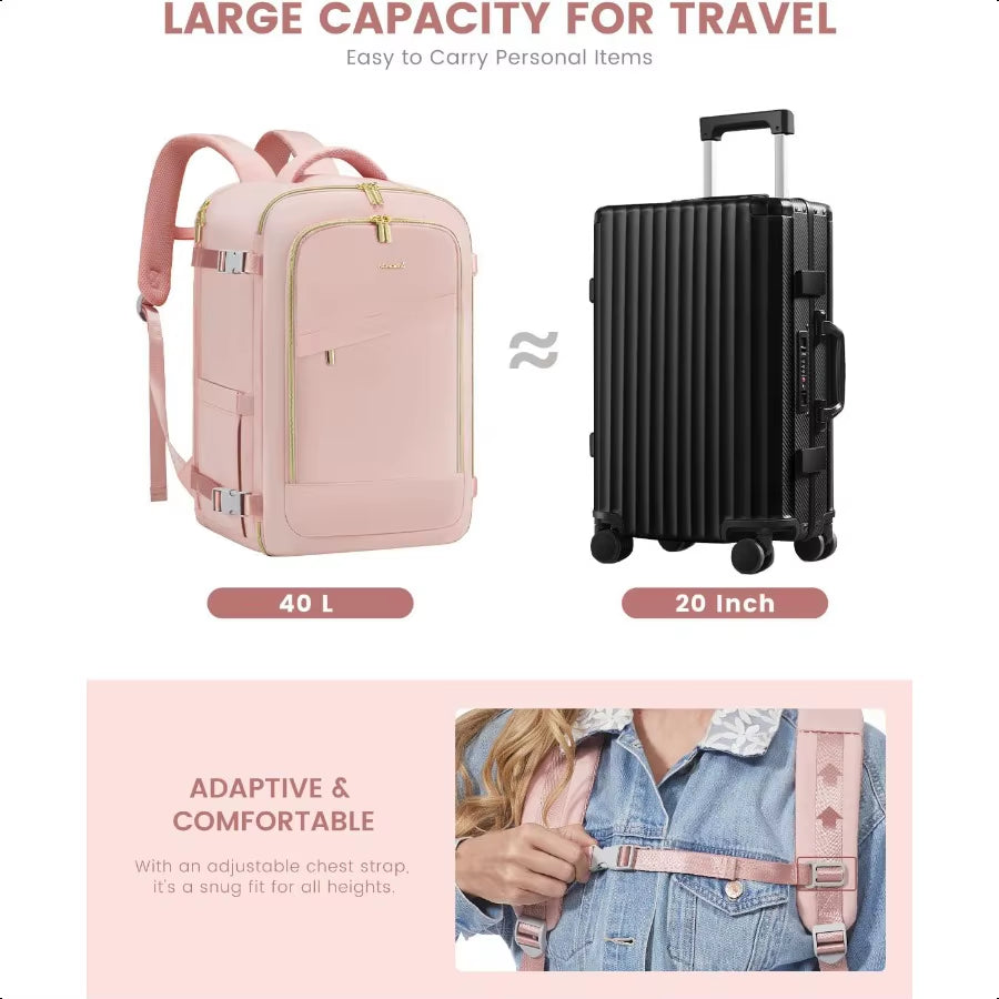 Travel Backpack for Women 40L Carry on Backpack for Airplanes Personal Item Bag for Airlines Fits 17 Inch Laptop TSA Appd Lage