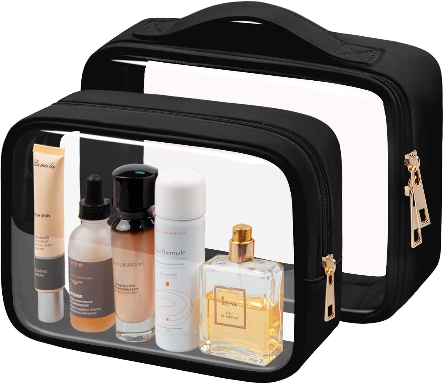 Clear Makeup Bag TSA Approved Toiletry Bag Waterproof Cosmetic Bag for Women Black 2Pcs