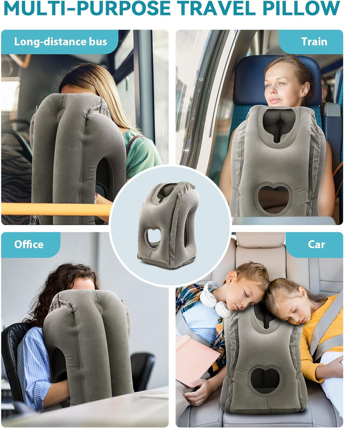Inflatable Travel Pillow, Airplane Neck Pillow Comfortably Supports Head and Chin for Airplanes, Trains, Cars Office Napping on the Tray Table (Grey)