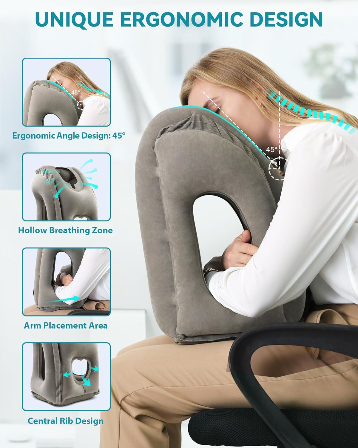 Inflatable Travel Pillow, Airplane Neck Pillow Comfortably Supports Head and Chin for Airplanes, Trains, Cars Office Napping on the Tray Table (Grey)