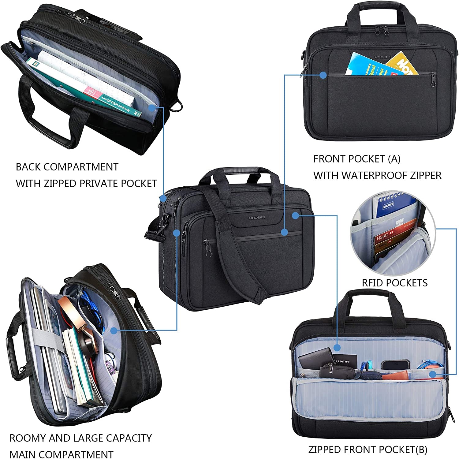 Laptop Bag Expandable Laptop Briefcase Fits up to 17.3 Inch Laptop Water-Repellent Shoulder Messenger Bag Computer Bag for Travel/Business/Men/Women-Black