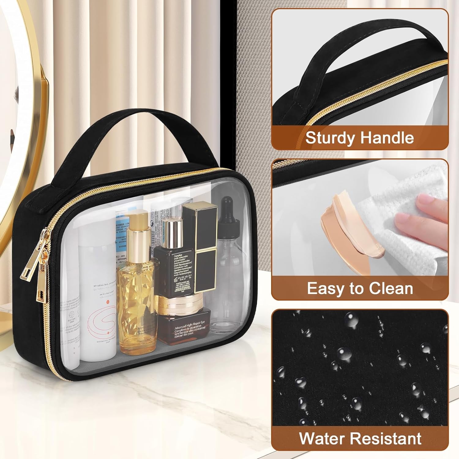TSA Approved Toiletry Bag, 3 Pack Clear Makeup Bags with Handles, Quart Size Clear Toiletry Bags, PVC Cosmetic Bags for Women and Men, Carry on Airport Airline Compliant Bag, Black