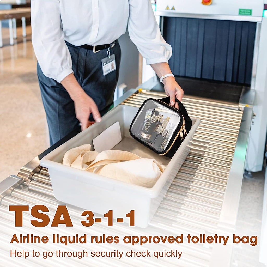 TSA Approved Toiletry Bag, 3 Pack Clear Makeup Bags with Handles, Quart Size Clear Toiletry Bags, PVC Cosmetic Bags for Women and Men, Carry on Airport Airline Compliant Bag, Black