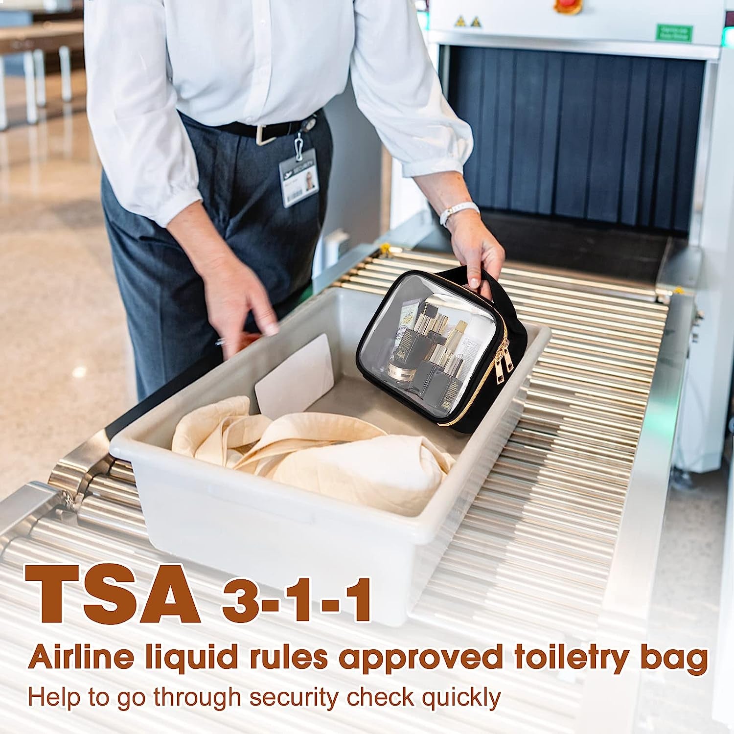 TSA Approved Toiletry Bag, 3 Pack Clear Makeup Bags with Handles, Quart Size Clear Toiletry Bags, PVC Cosmetic Bags for Women and Men, Carry on Airport Airline Compliant Bag, Black